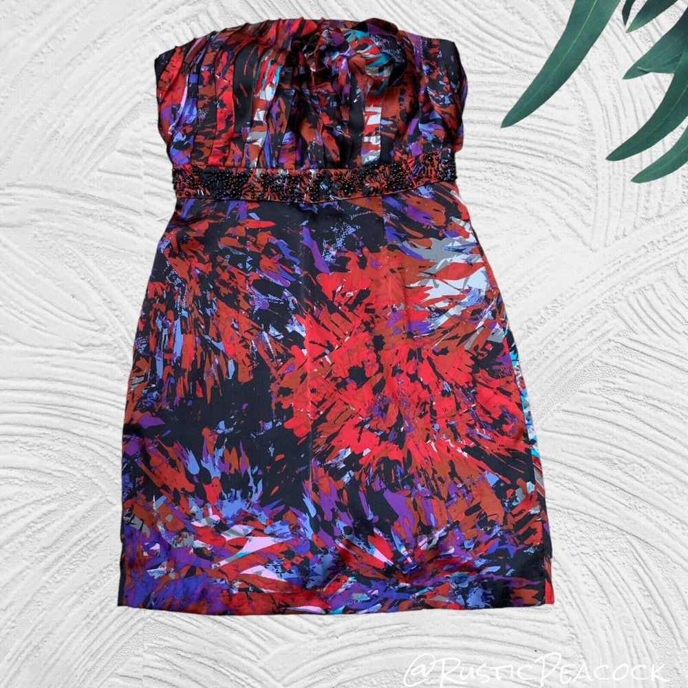 Bcbgeneration Dress Women's Size 2 Red Abstract Beaded Cocktail Party Strapless